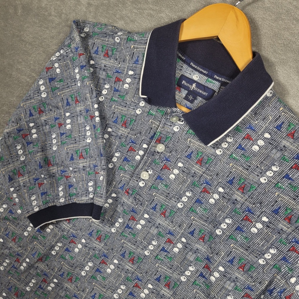 Payne Stewart Polo Men XL Blue Golf Ball Club Flag AOP Print Short Sleeve Cotton